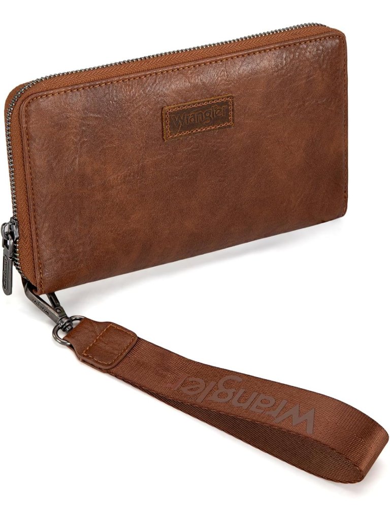 New Wrangler Women's Brown Leather Wallet Wristlet Long Purse Clutch